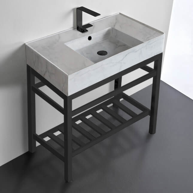 Scarabeo 5123-F-CON2-BLK-One Hole Modern Marble Design Ceramic Console Sink and Matte Black Base